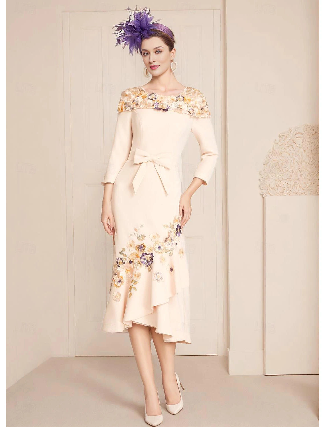 Buyishang Mermaid / Trumpet Mother of the Bride Dress Formal Wedding Guest Elegant Vintage Off Shoulder Tea Length Lace Stretch Fabric 3/4 Length Sleeve with Bow(s) Pleats free custom size